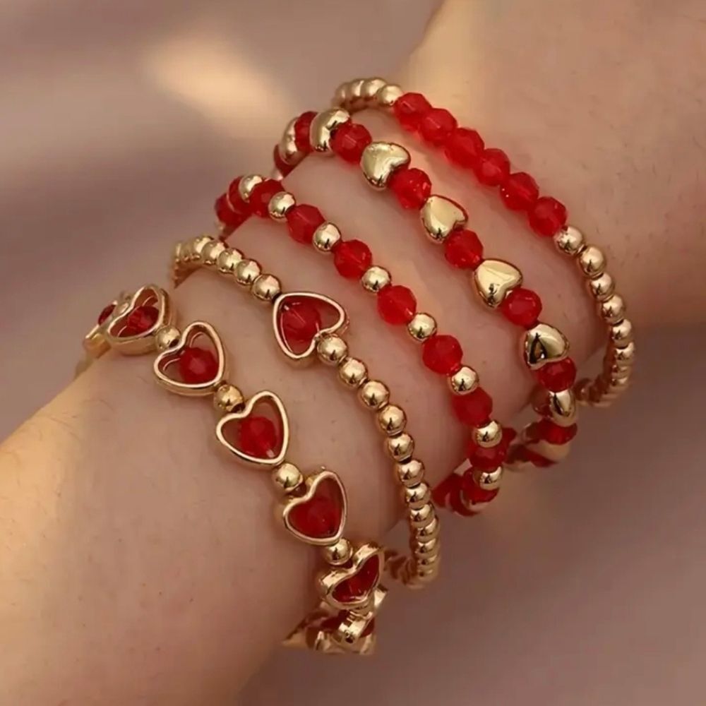 Gold & Red Heart Bracelets Five Piece Set